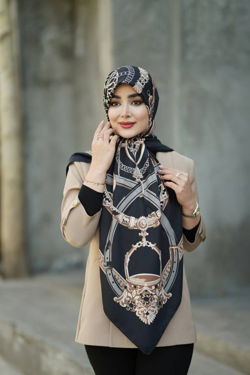روسری ابریشم توییل مشکی قهوه ای